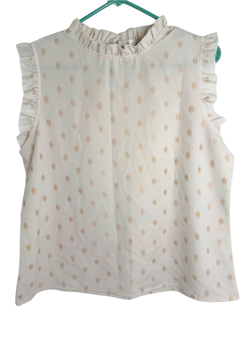 3/$20 Shannon Ford Sleeveless Ivory Ruffle Neck Blouse Gold Dot Detail Size PL